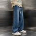 Men's American Style Minimalist Washed Drawstring Jeans Trendy High Street Loose Straight Leg Cotton Pants For Teenagers Spring_mkmklike.com