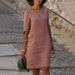 Women's cotton and linen small V-neck stitching retro solid color cropped sleeve dress women_mkmklike.com