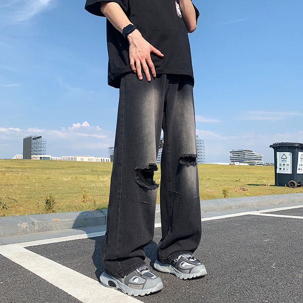 American Retro High Street Washed Distressed Ripped Jeans Men's Loose Straight Leg Wide Leg Pants Unique Oversized Fit_mkmklike.com