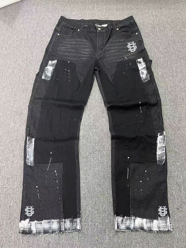 Men's Clothing Menswear Trendy Patchwork Distressed Washed Denim Cargo Pants With Hand Painted Details And US Embroidery._mkmklike.com