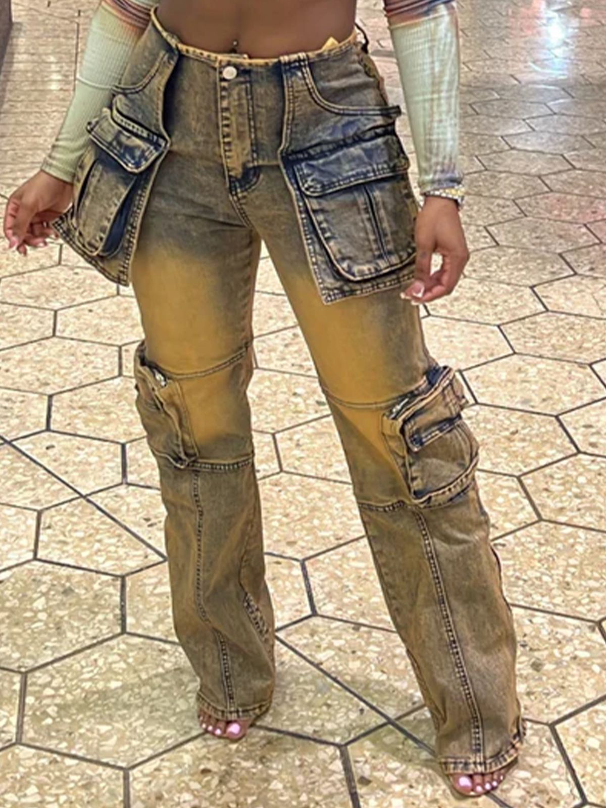 European And American Street Style Patchwork Multi-Pocket Jeans For Women, Trendy Straight-Leg Pants_mkmklike.com