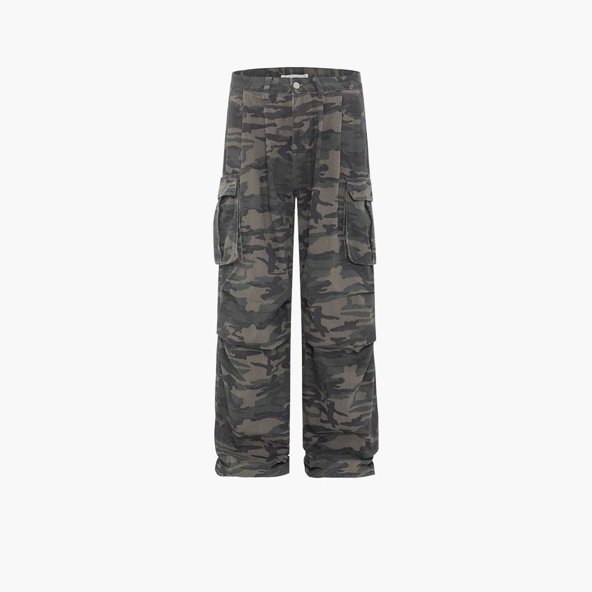 Men's Clothing Retro Washed Camouflage Pocket Workwear High Street Straight Loose Wide Leg Drop Feel Jeans_mkmklike.com