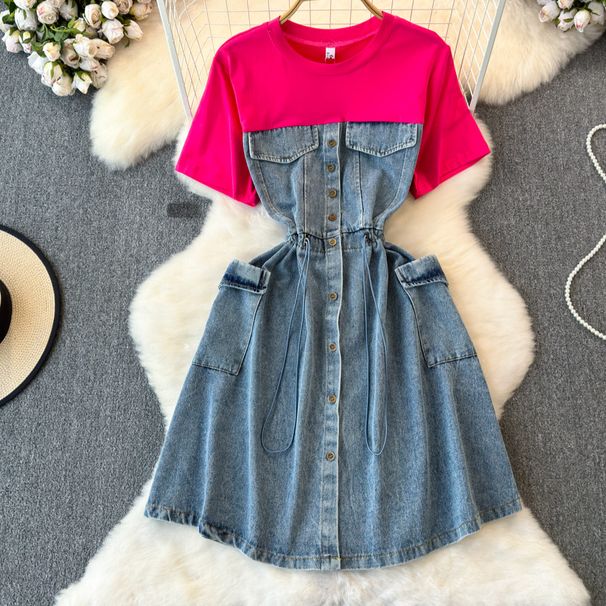 Women's Clothing Fashion Two Piece Short Sleeved Round Neck Patchwork Waist Slimming Medium Length A Line Denim Dress_mkmklike.com