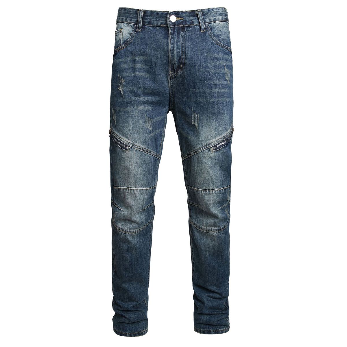 Men's Fashion Straight Leg Jeans Zipper Decorated Casual Denim Pants Mid Waist Long Slight Stretch Softener_mkmklike.com