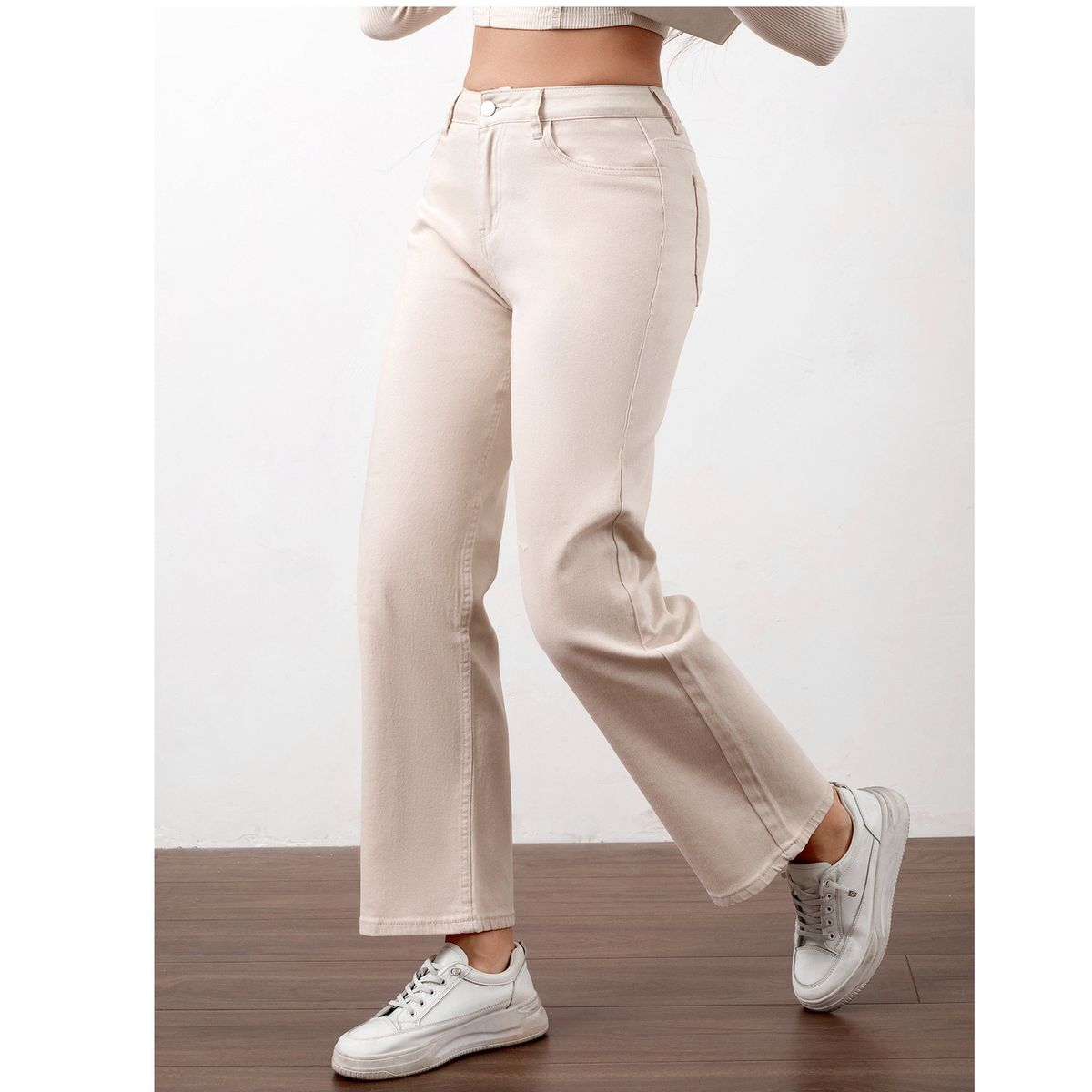 Women's Slimming Straight Leg Denim Trousers American Style Apricot Color Fashionable Trendy Stretchy Casual Versatile For All Seasons_mkmklike.com