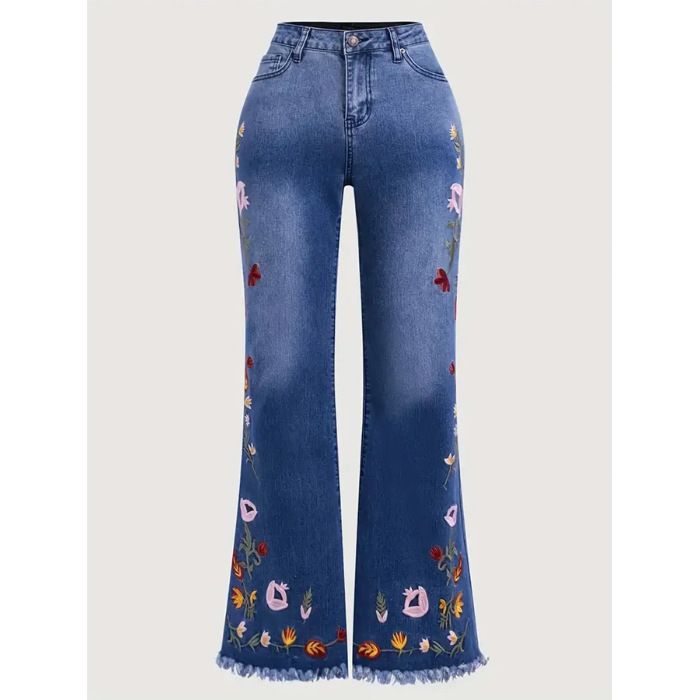 Retro Dark Blue Embroidered Flared Jeans High Waisted Floor Length Women's Pants All Seasons Cross Border Style_mkmklike.com