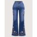 Retro Dark Blue Embroidered Flared Jeans High Waisted Floor Length Women's Pants All Seasons Cross Border Style_mkmklike.com