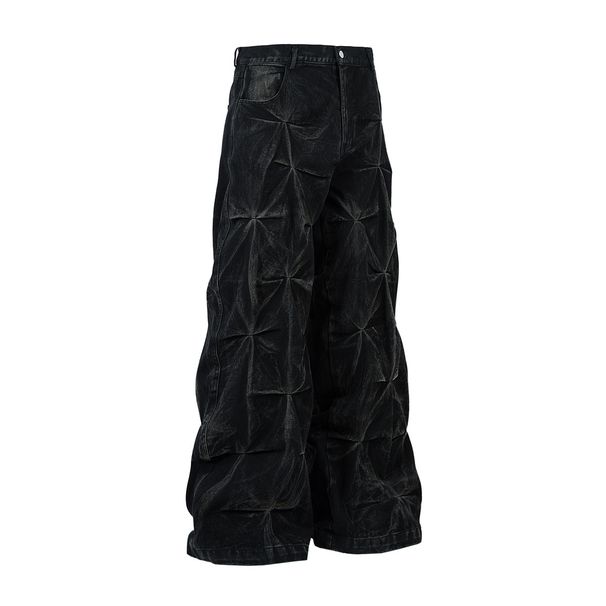 Men's Clothing High Street Shaped Pleated Washed Jeans RO Style Wide Leg Trousers_mkmklike.com