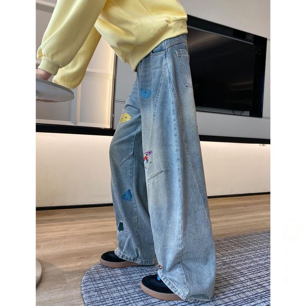 Men's Retro Embroidered Straight Leg Jeans Loose Fit American High Street Style Trendy Cool Deconstructed Trousers_mkmklike.com