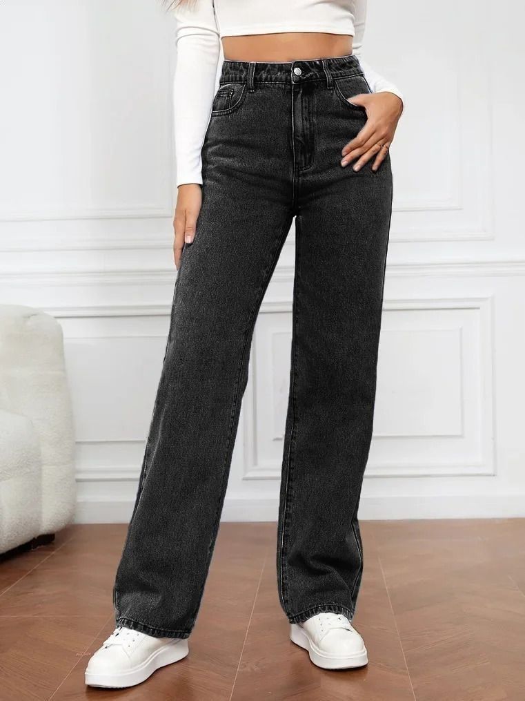 Women's Y2K Fashion Loose Straight Leg Trousers Retro Washed Denim Jeans Simple American Style Cross Border Wholesale_mkmklike.com
