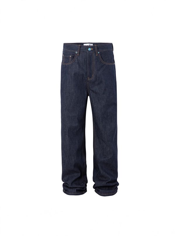 Vintage American Raw Denim Jeans For Men – Loose Straight Fit, Gemstone Studs, Retro Blue Wash_mkmklike.com