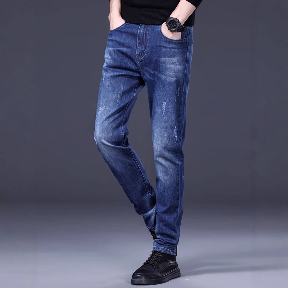 Men's Slim Fit Stretch Denim Jeans Simple Design Multi Process Blue Trousers_mkmklike.com