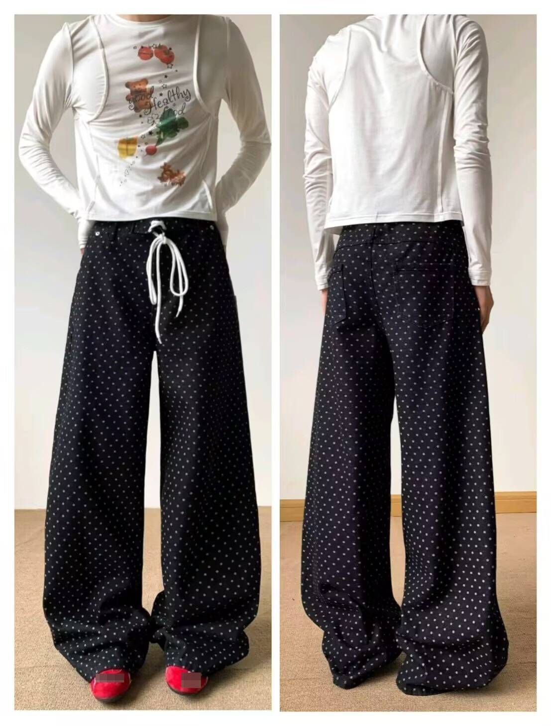 Retro Polka Dot Denim Pants For Men - Relaxed Fit Straight Leg Trousers With Adjustable Drawstring, Unisex Vintage Style For Casual Outfits_mkmklike.com