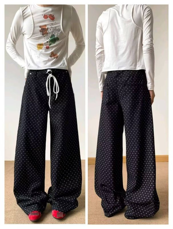 Retro Polka Dot Denim Pants For Men - Relaxed Fit Straight Leg Trousers With Adjustable Drawstring, Unisex Vintage Style For Casual Outfits_mkmklike.com