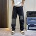 Men's Black Straight Leg Jeans - Vintage Washed Denim Pants For Casual Streetwear & Urban Style Fashion Trends_mkmklike.com