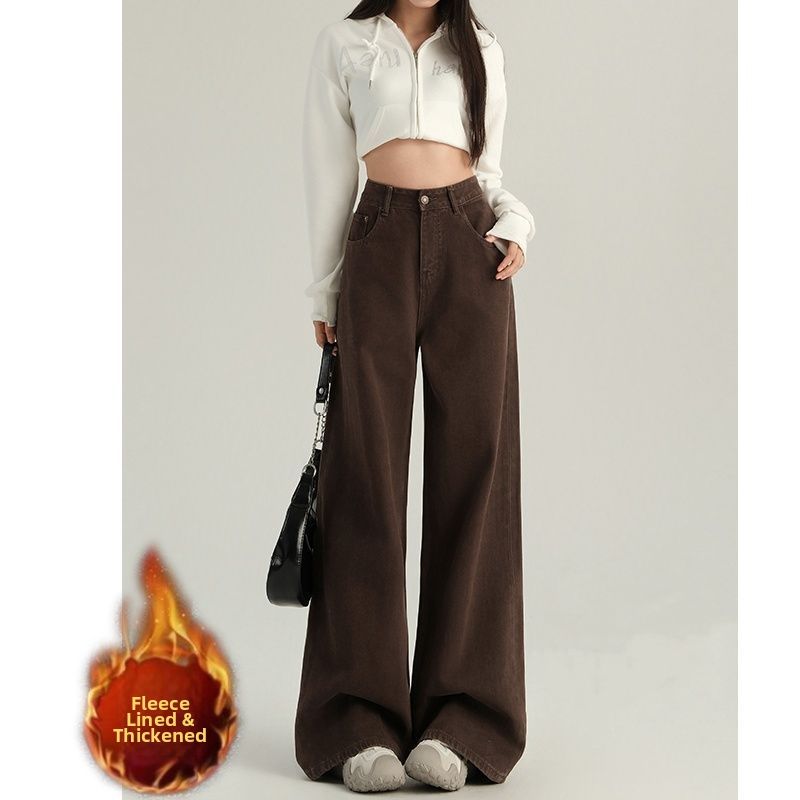 Maillard Style Fleece-Lined Straight Leg Jeans For Women – High Waist Loose Fit Winter Pants (S-2xl, Cotton Blend)_mkmklike.com