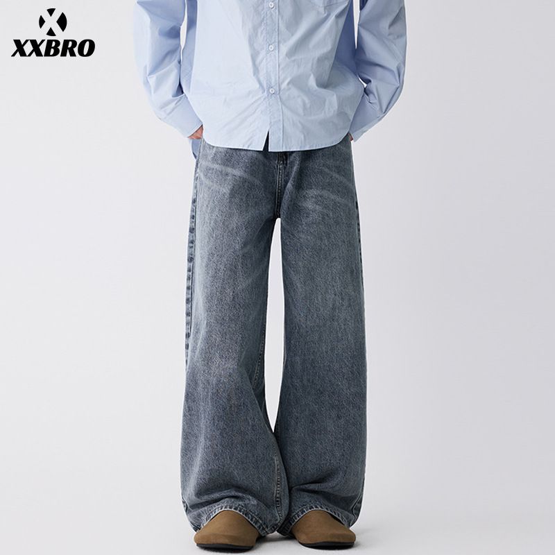 Men's Clothing Men's Straight Leg Jeans High Street Fashion Retro Trendy Brand Versatile Wide Leg Jeans For Men With Whiskers_mkmklike.com