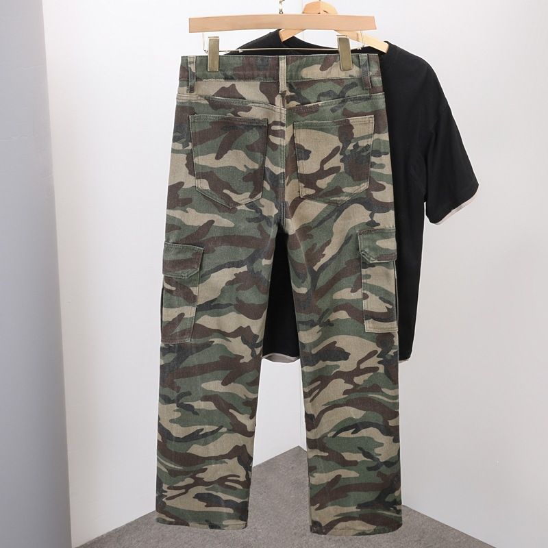 Men's Camouflage Cargo Jeans Cross Border Exclusive American Retro Loose Straight Leg Ripped Wide Leg Trousers_mkmklike.com