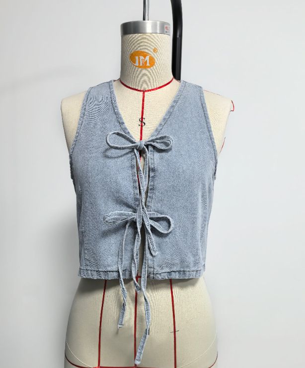 K New Sleeveless Lace Up Vest, Lace Up Wide Leg Jeans, Fashionable Denim Suit For Women_mkmklike.com
