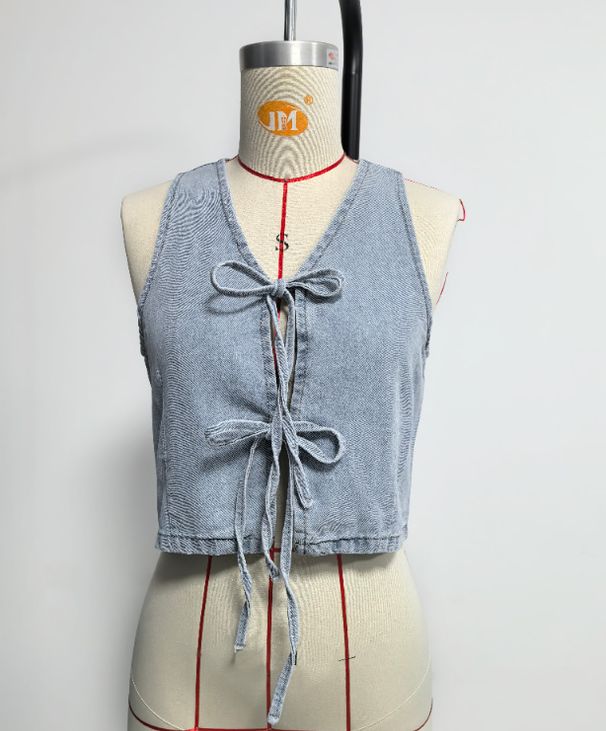 K New Sleeveless Lace Up Vest, Lace Up Wide Leg Jeans, Fashionable Denim Suit For Women_mkmklike.com