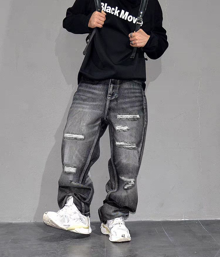 Cross-border Distressed Ripped Jeans For Men, Straight Loose Fit, Slimming, Slightly Flared Wide-leg Pants, Summer_mkmklike.com