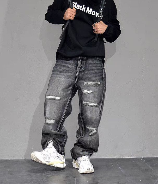 Cross-border Distressed Ripped Jeans For Men, Straight Loose Fit, Slimming, Slightly Flared Wide-leg Pants, Summer_mkmklike.com