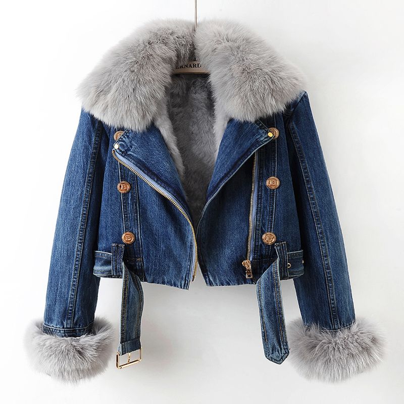 Women's Clothing Autumn And Winter New Fox Fur Collar Rabbit Fur Lining Fashionable Small Denim Jacket Women's Short Top Jacket_mkmklike.com