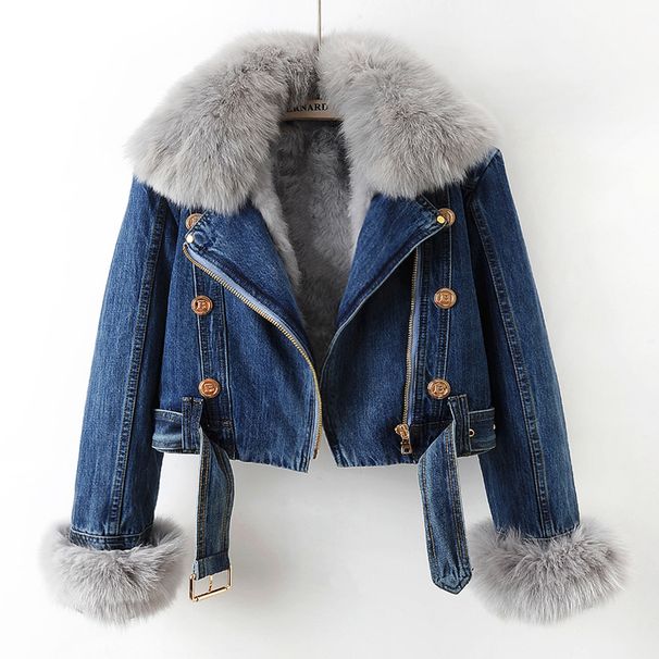 Women's Clothing Autumn And Winter New Fox Fur Collar Rabbit Fur Lining Fashionable Small Denim Jacket Women's Short Top Jacket_mkmklike.com
