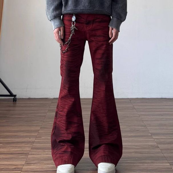 Men's High Waist Flared Jeans - Stretchy Comfort Fit, Red Leopard Print, Wide Leg Trousers For Casual Streetwear_mkmklike.com