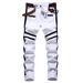 Men's Slim Fit Stretch Ripped Jeans - White Distressed Denim Pants With Decorative Stripes For Casual & Streetwear Style_mkmklike.com