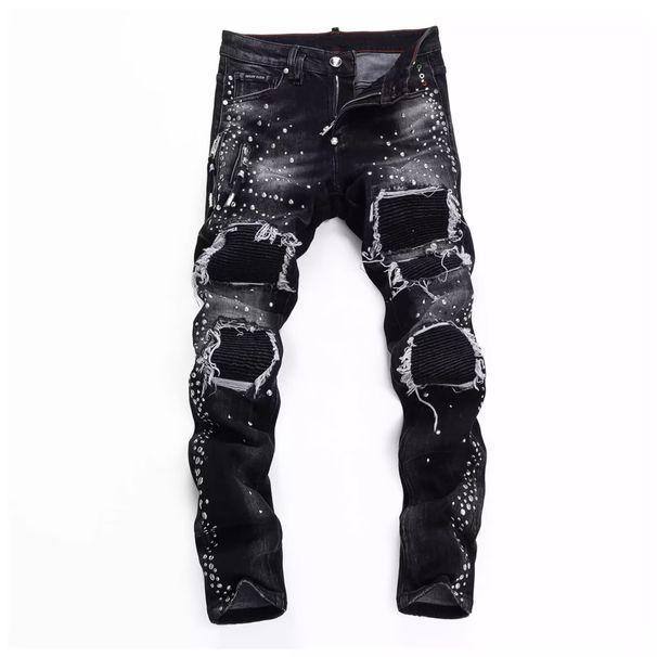 Trendy Brand Personalized Letter Print Jeans For Men, High End Heat Pressed Slim Fit Skinny Jeans, European Style Trendy Autumn And Winter Trousers_mkmklike.com