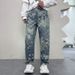 Men's Clothing Mosaic print design jeans men's American retro washed loose casual straight floor length wide leg trousers_mkmklike.com