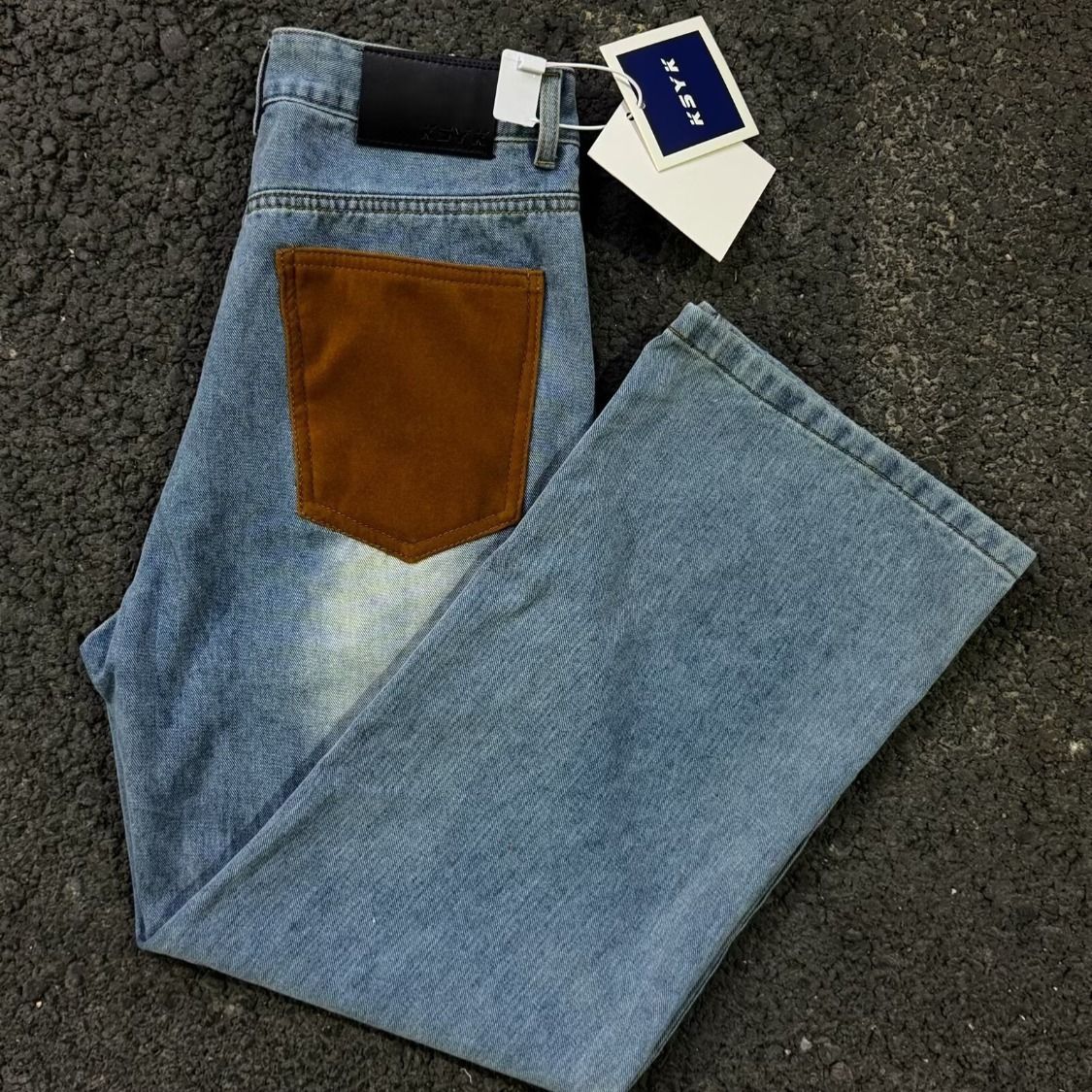 Men's American Style Jeans Suede Patchwork Loose Straight Leg Casual Pants for Cross Border Foreign Trade_mkmklike.com