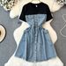 Women's Clothing Fashion Two Piece Short Sleeved Round Neck Patchwork Waist Slimming Medium Length A Line Denim Dress_mkmklike.com
