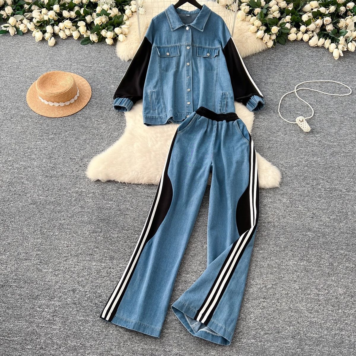Women's Clothing Casual Fashion Sportswear Two Piece Suit For Women Loose Color Denim Top High Waist Wide Leg Straight Pants Suit_mkmklike.com