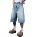 Retro Washed Blue Denim Frayed Hem Shorts Loose Fit Slimming Casual Versatile Korean Style Basic Six Point Pants_mkmklike.com