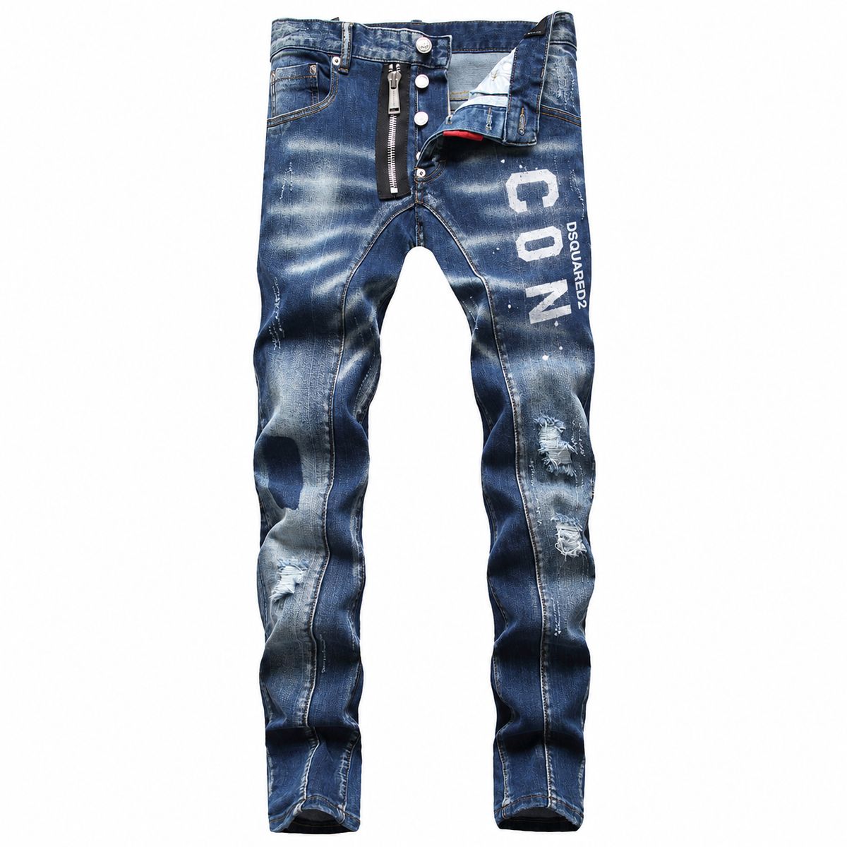 Men's Slim Fit Skinny Jeans Ripped Zipper Color Block Whiskering High Waist Straight Leg European American Trendy Casual Jeans_mkmklike.com