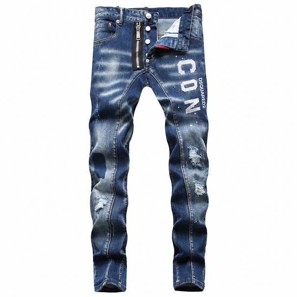 Men's Slim Fit Skinny Jeans Ripped Zipper Color Block Whiskering High Waist Straight Leg European American Trendy Casual Jeans_mkmklike.com