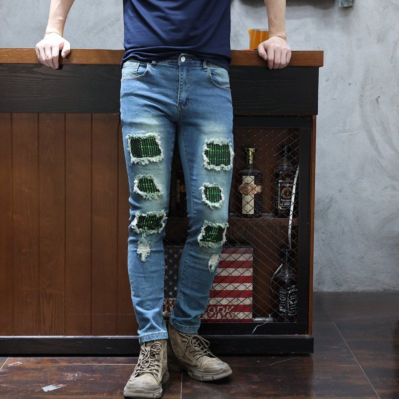 Men's Slim Fit Beaded Jeans Casual High End Long Pants Spring Trendy European Style_mkmklike.com