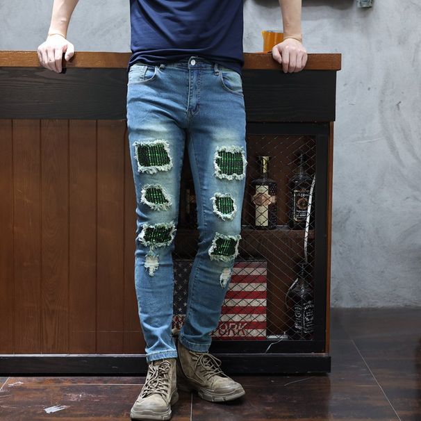Men's Slim Fit Beaded Jeans Casual High End Long Pants Spring Trendy European Style_mkmklike.com