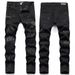 Men's Slim Fit Stretch Jeans Distressed Ink Splatter Embroidered Black Patchwork Studded Metallic Trendy And Stylish Jeans_mkmklike.com