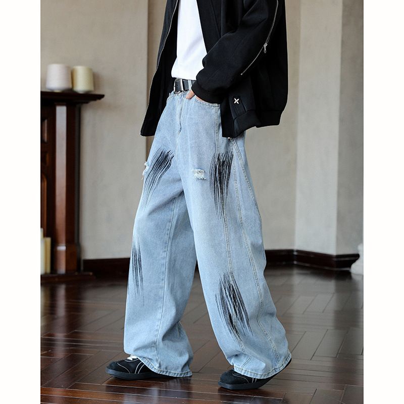 Men's Clothing Unisex Distressed High-Waisted Wide-Leg Jeans | Streetwear Baggy Denim Pants | Vintage Washed & Ripped Straight Cut For Men & Women_mkmklike.com