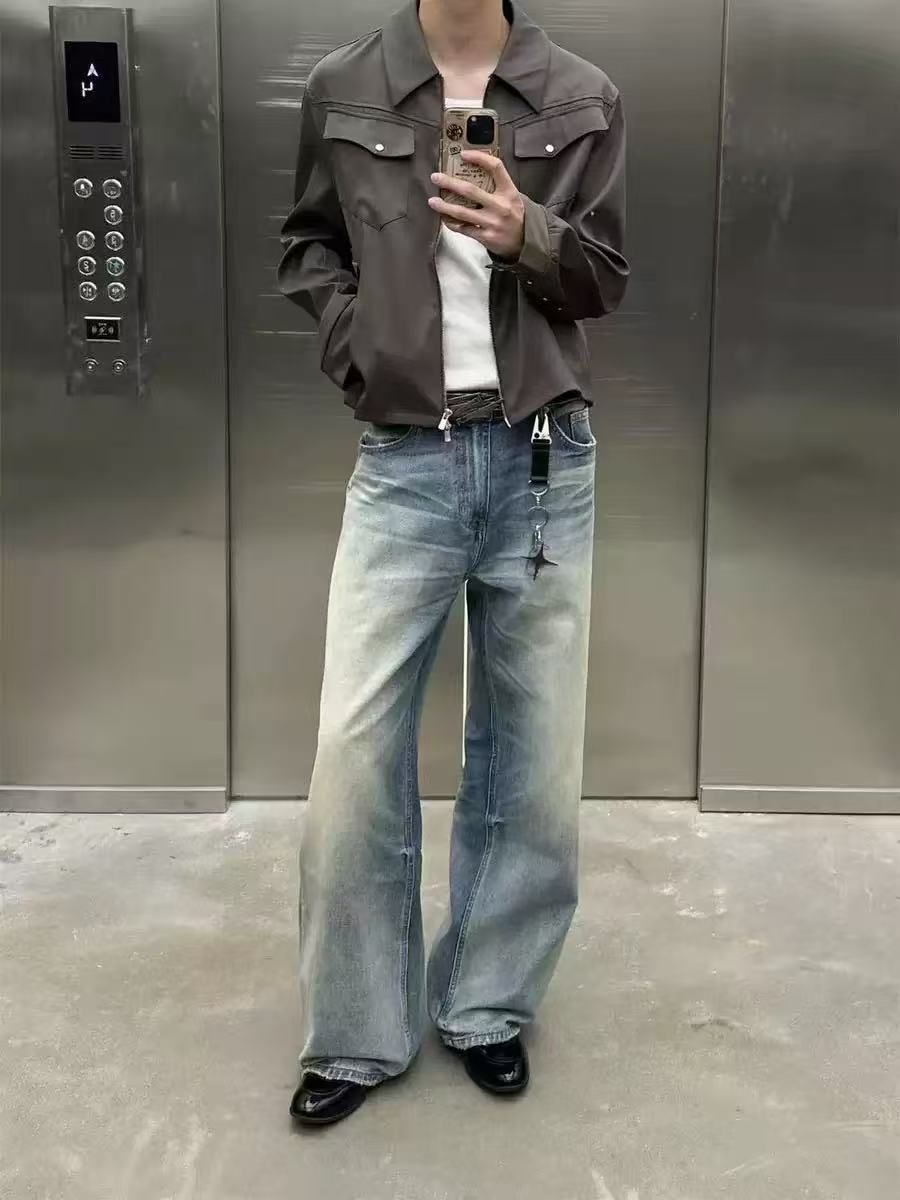 Vintage Washed Denim Jeans Relaxed Straight Fit Distressed Details Cleanfit Aesthetic for Men And Women_mkmklike.com