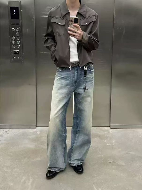 Vintage Washed Denim Jeans Relaxed Straight Fit Distressed Details Cleanfit Aesthetic for Men And Women_mkmklike.com