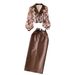 Women's Clothing collar floral chiffon shirt high waist tight PU leather skirt female high end outfit two piece suit_mkmklike.com