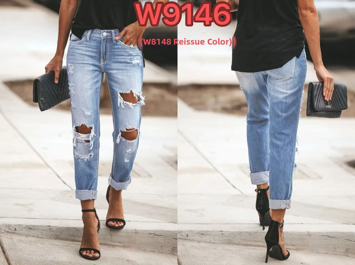 Women's Straight Leg Jeans Ripped Details Stretch Cigarette Pants European American Style Denim_mkmklike.com