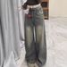 American Retro Washed Jeans For Women Winter Fleece Lined Thickened High Waist Straight Wide Leg Draped Long Pants_mkmklike.com
