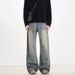 Vintage Washed Distressed High Waist Straight Leg Jeans For Men & Women - Retro Blue, Classic Comfort & Timeless Style_mkmklike.com