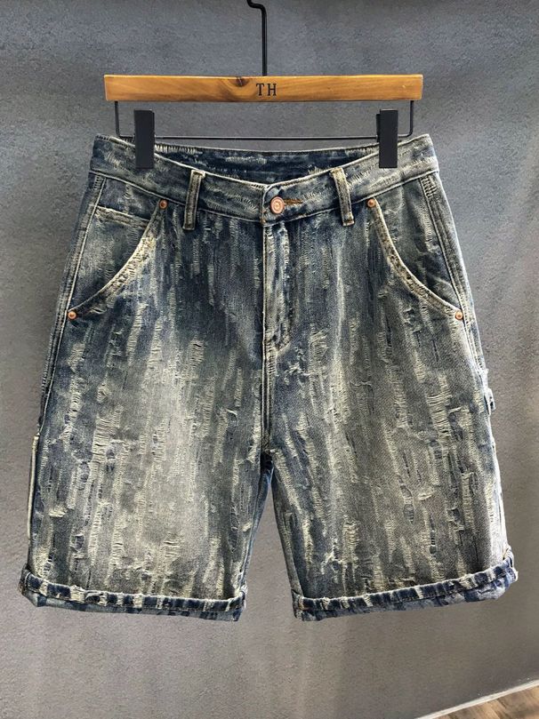 Men's Clothing Summer Beggar Hole Denim Shorts Men's Straight Slim Retro Light Color Versatile Handsome Casual Five Point Pants Men_mkmklike.com