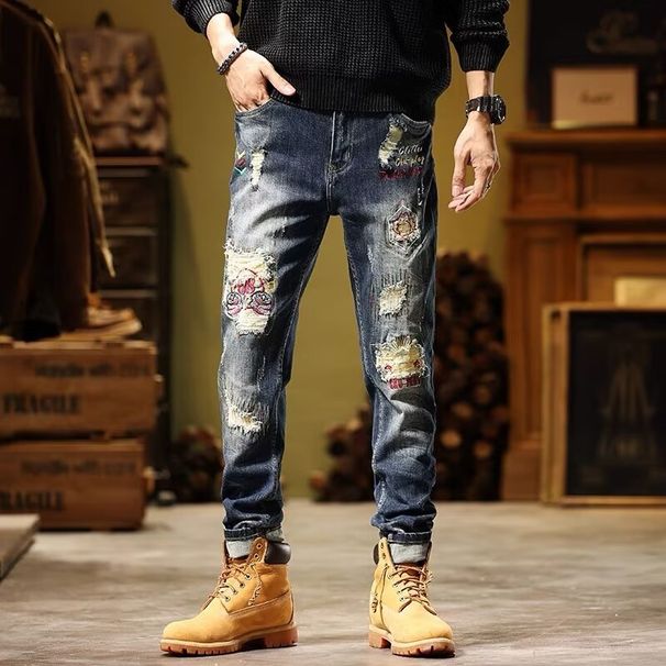 Autumn Trendy Brand Retro Ripped Jeans Men's Slim Small Straight Elastic American Patch Handsome Long Pants Men_mkmklike.com